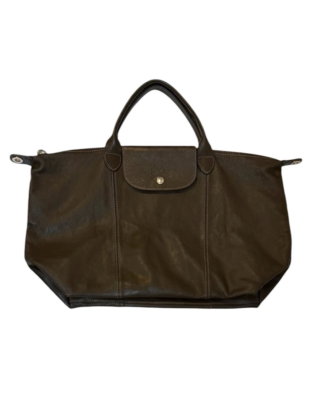 Longchamp Le Pliage Cuir Large Leather Top Handle Tote Dark Brown Shoulder Strap - Picture 6 of 13
